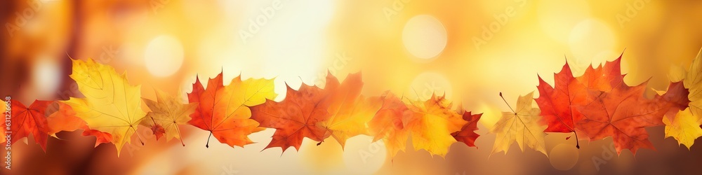 Obraz premium Defocused colorful bright autumn ultra wide panoramic background with blurry red yellow and orange autumn leaves in the park. Border of autumn leaves on a sunny day.