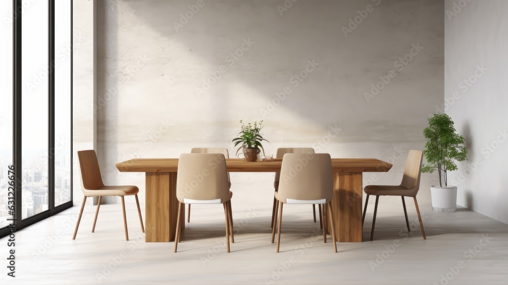 Minimalist composition of loft style dining room interior. Gray concrete walls and floor, wooden table, design chairs, table decor, green plant, panoramic window. Mockup, 3D rendering.