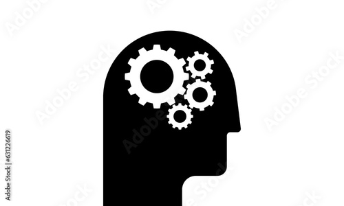 Process of human thinking. Human head gears tech logo. Human head with gear mechanism in the brain. Vector illustration. 