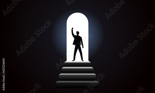 Businessmen go through gloomy obstacles to success. Light at the end of the tunnel. Vector illustration.