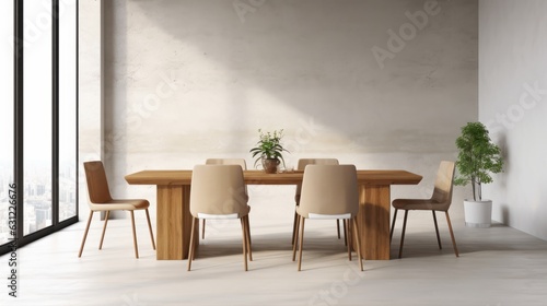 Minimalist composition of loft style dining room interior. Gray concrete walls and floor, wooden table, design chairs, table decor, green plant, panoramic window. Mockup, 3D rendering.