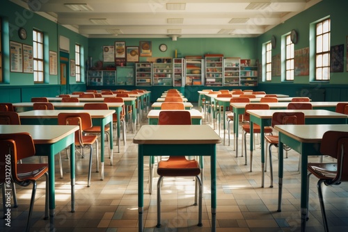 Empty tables and chairs school classroom without students. Generative Ai © bluebeat76