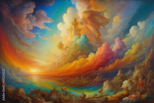 surreal sunset or sunrise scene showcasing a unique blend of colors and textures, connected to the realm of landscape art, creativity, and imagination. Created with generative AI tools © Oleksii