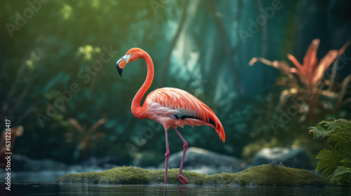 Beautiful flamingo walking in the water with green grasses background. Generative AI