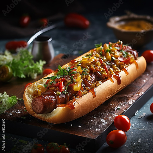 photo of delicious roast beef hot dog with ketchup on traditional table photo