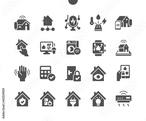 Home automation. Control house. Security system. Energy management and lighting control. Technology and monitoring. Vector Solid Icons. Simple Pictogram