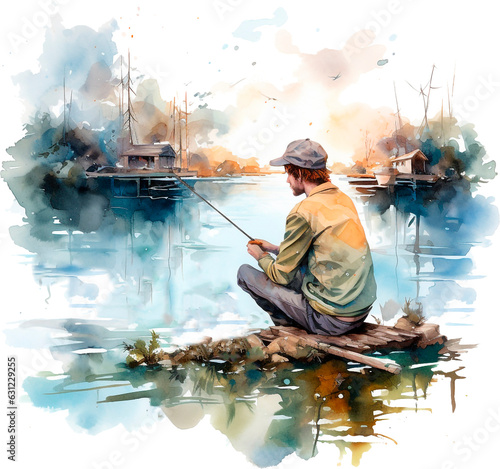 Fototapete Watercolor lake fishing illustration