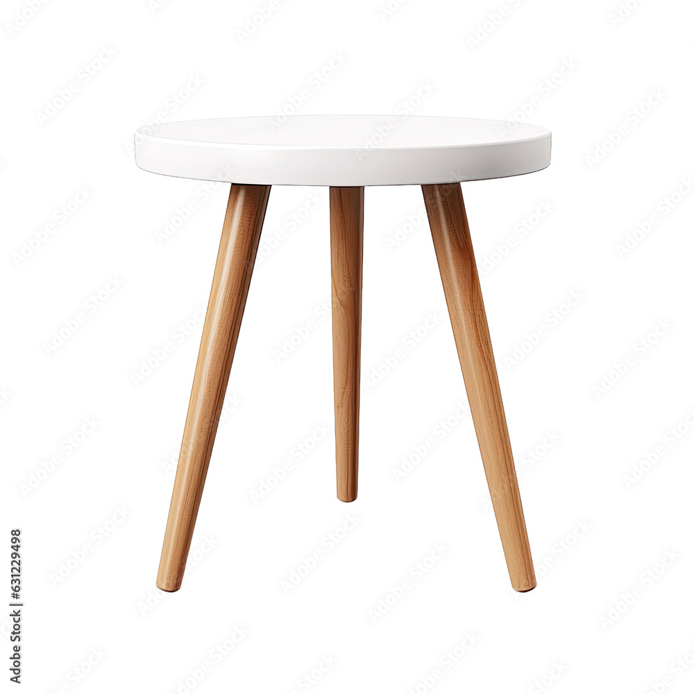 Scandinavian style small white round table isolated on transparent backround with 3 wooden legs. Scandinavian style small white round table isolated on transparent backround with 3 wooden legs.