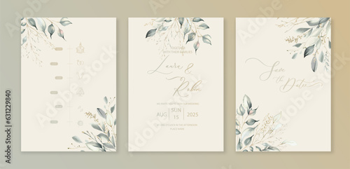 Luxury wedding invitation card background with green watercolor botanical leaves. Abstract floral art background vector design for wedding and vip cover template.