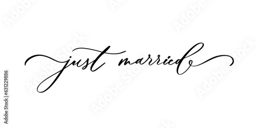 JUST MARRIED hand lettering, vector illustration. Hand drawn lettering card background. Modern handmade calligraphy. Hand drawn lettering element for your design.