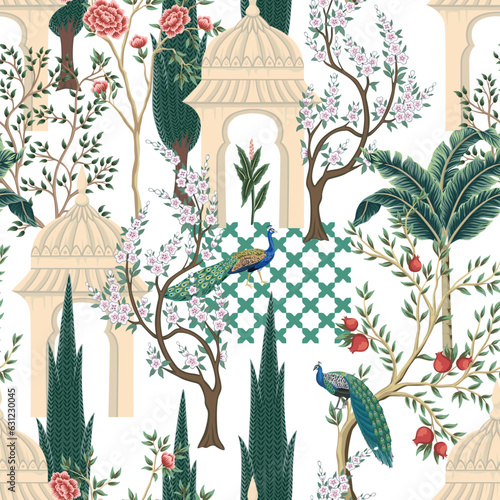 Indian architecture, peacock and trees seamless pattern. Garden wallpaper. 