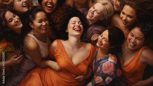 Group of multiethnic women in colourful dresses, laughing and posing together to embrace body positivity and self - confidence