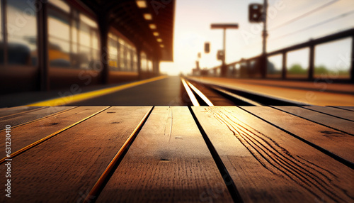 Empty wooden floor in front of blurred background. Perspective of railway and station platform, transportation concept can be used for display a products or advertise text, Ai generated image