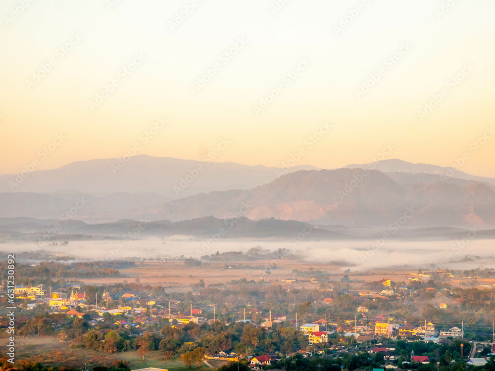 Natural viewpoint, mountains, hills, forests and river under morning mist in Chiangrai, Thailand
