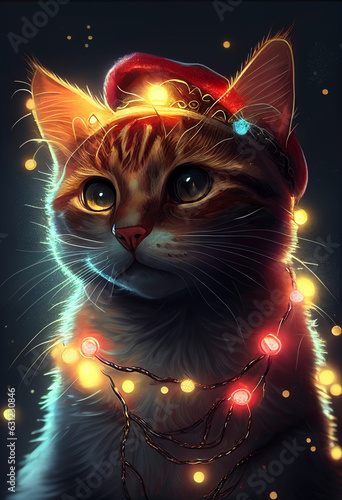 Close-up cat on the background of lights and decorations during Christmas. AI Generated