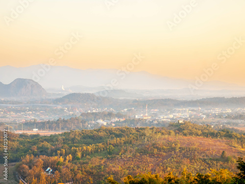 Natural viewpoint  mountains  hills  forests and river under morning mist in Chiangrai  Thailand