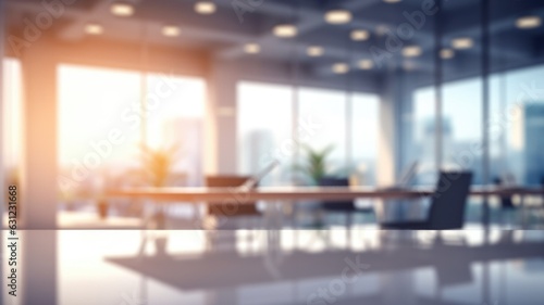 Beautiful blurred background of a modern office with business desks surrounded by windows © DigitalParadise