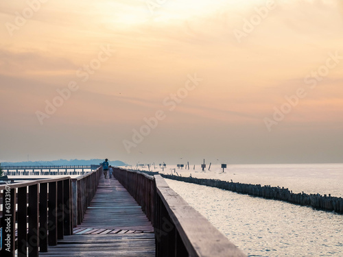Sea view near mangrove forest with man made wooden barrier for wave protection, under morning twilight colorful sky in Bangkok, Thailand