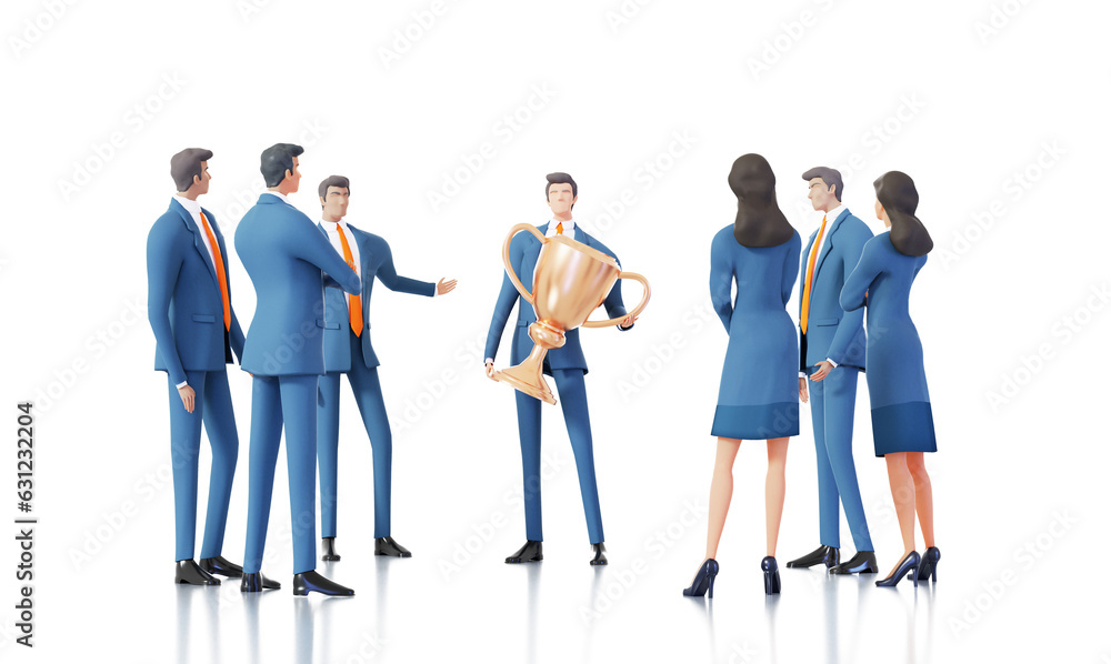 Obraz premium Business people with golden trophy, winners, achievers concept 3D rendering illustration