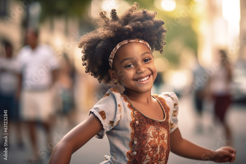 cute little African-American girl fills the air with joy as she dances, captivating everyone around with her infectious energy and graceful moves in a public place