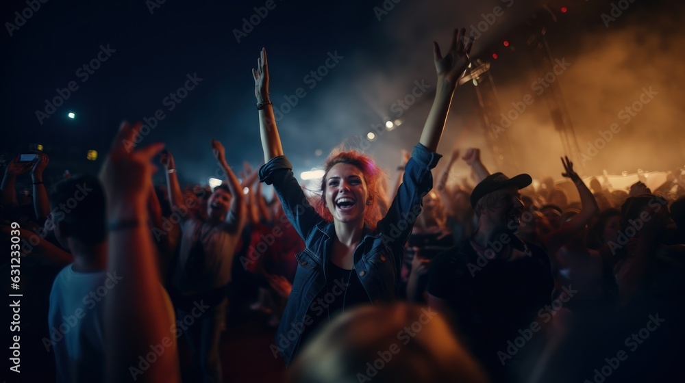 Happy young woman dancing on a music festival.