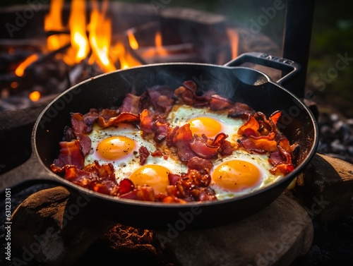 In the forest, a camping breakfast sizzles in a cast iron skillet: fried eggs with bacon over an open fire, creating a delightful meal in the wilderness