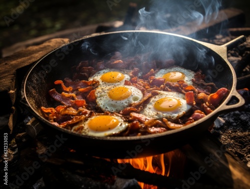 In the forest, a camping breakfast sizzles in a cast iron skillet: fried eggs with bacon over an open fire, creating a delightful meal in the wilderness