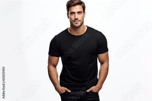 Handsome Man In Black Tshirt And Jeans On White Background Mock Up © Anastasiia