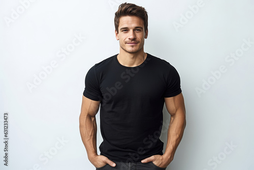 Handsome Man In Black Tshirt And Jeans On White Background. Mock Up