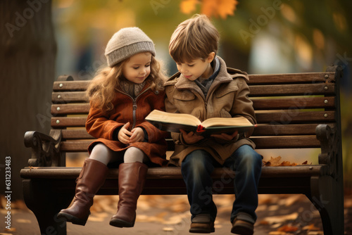 Kids Sharing Books And Reading Together On Bench