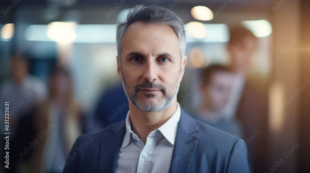 Mature confident businessman wearing suit in office indoor background and blurred coworkers at the backdrop. Portrait of leader of work team. Mature confident businessman wearing suit in office indoor background and blurred coworkers at the backdrop. Portrait of leader of work team.