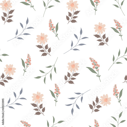 Minimal hand drawn flower and leaf seamless pattern on white background