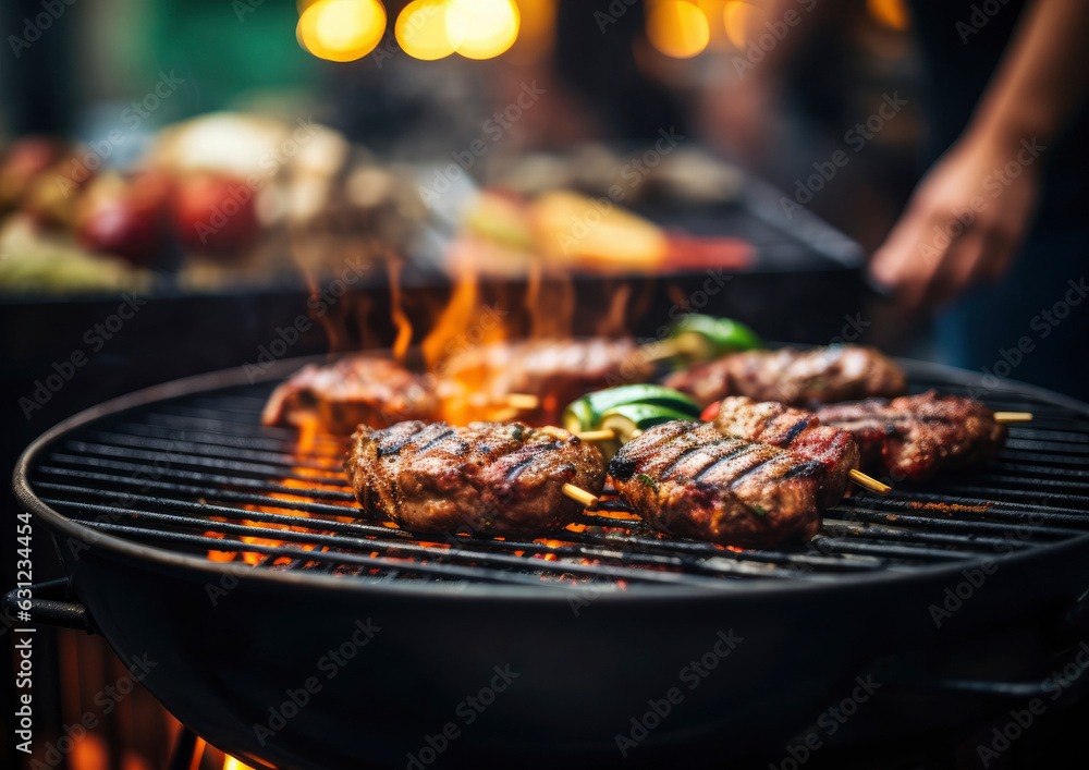 Grilled meat and vegetables on a barbecue grill