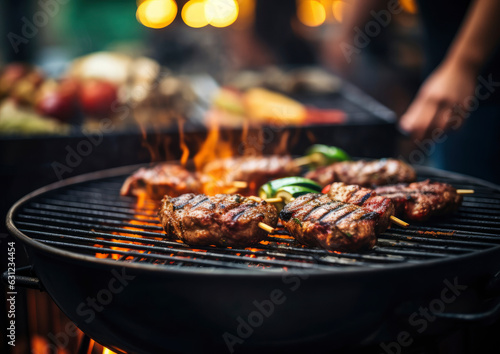 Grilled meat and vegetables on a barbecue grill