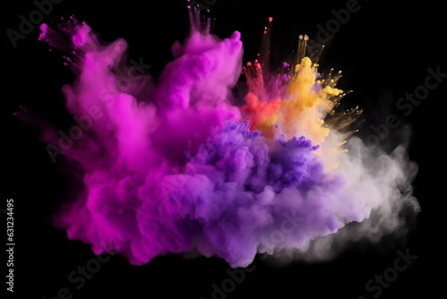 Abstract multicolored ink powder splattered on background. 