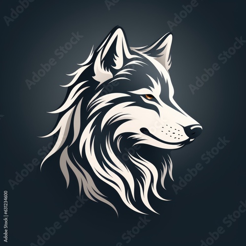 A black and white wolf head on a dark background.