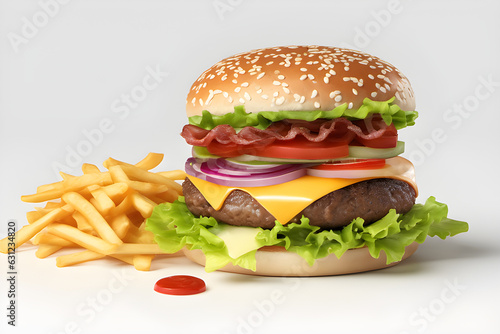 Hamburger with fries. Generative AI