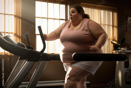 Fat Woman Exercises On A Treadmill