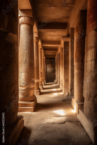 AI generative image of passage in ancient Egyptian temple with big pillars and mystical atmosphere