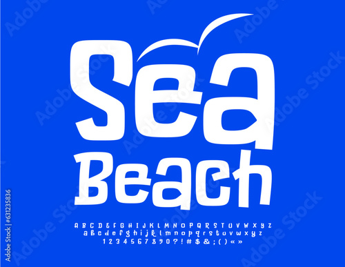Vector bright icon Sea Beach. Playful White Font. Funny Alphabet Letters, Numbers and Symbols set