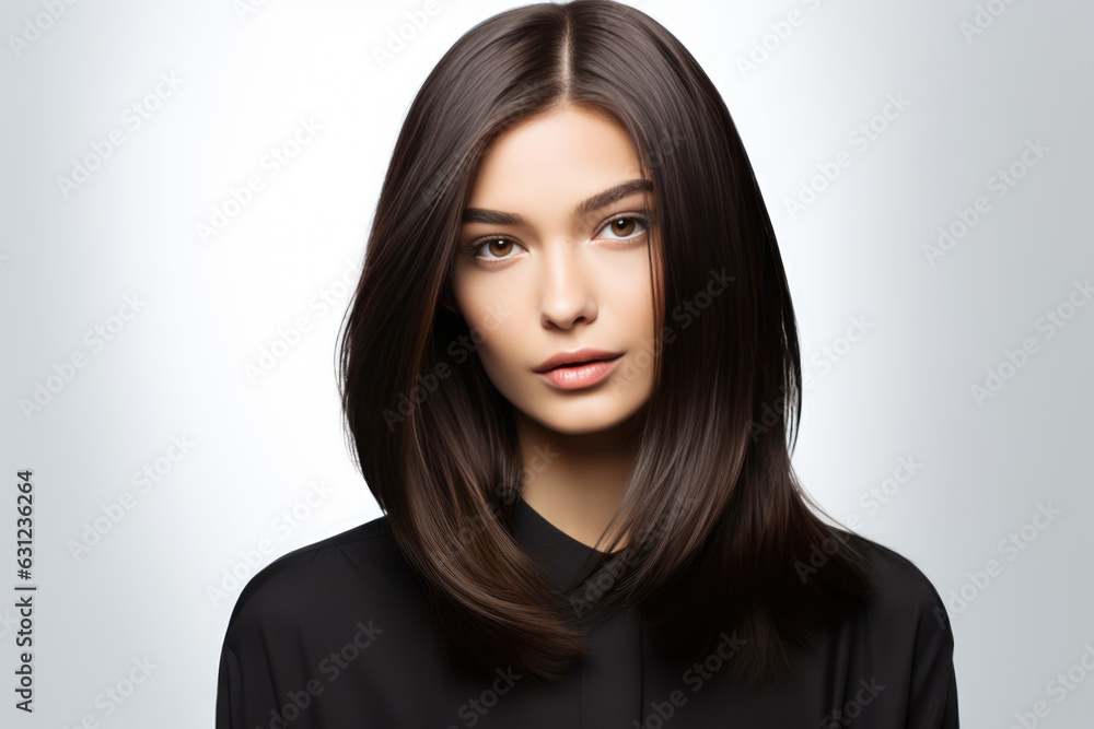 Woman With Brunette Short Straight Long Hair On White Background Woman With Brunette Short Straight Long Hair On White Background