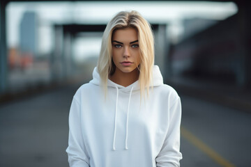 Young Woman Wearing Blank Hoodie Mockup. Mock Up