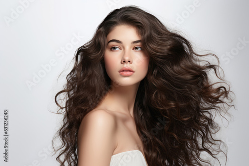 Woman With Brunette Curly Long Hair On White Background