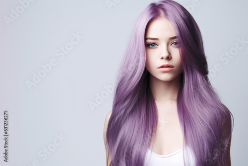 Woman With Purple Straight Long Hair On White Background