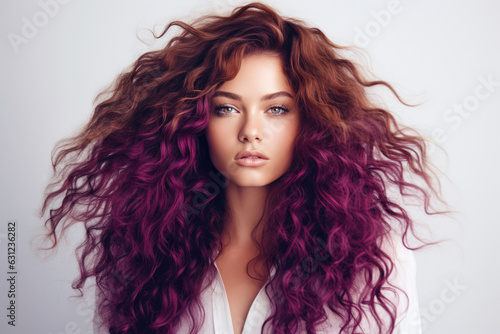 Print op canvas Woman With Purple Curly Long Hair On White Background