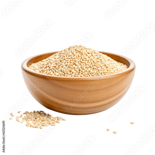 Wooden bowl with sesame seeds on transparent backround.