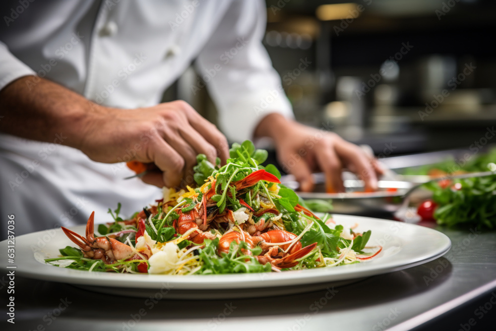 Lobster salad. Chef's hands in the restaurant kitchen prepare lobster salad made from grilled lobster meat, vegetables and olive oil dressing. Crab meat salad in cooking process. Seafood concept Lobster salad. Chef's hands in the restaurant kitchen prepare lobster salad made from grilled lobster meat, vegetables and olive oil dressing. Crab meat salad in cooking process. Seafood concept