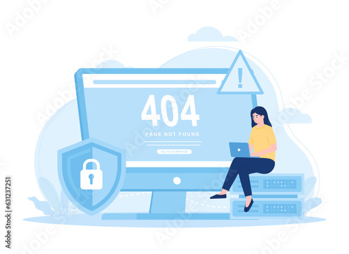 A woman are looking for data storage errors, 404 error concept flat illustration