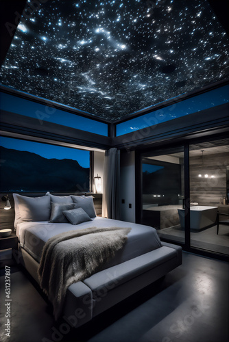 Modern bedroom with glass wall viewing stars in the night sky. AI generative image