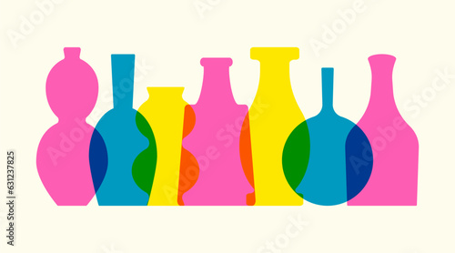 Abstract risograph vases. Colorful ceramic vase silhouette shapes, minimal pottery concept for posters. Vector illustration